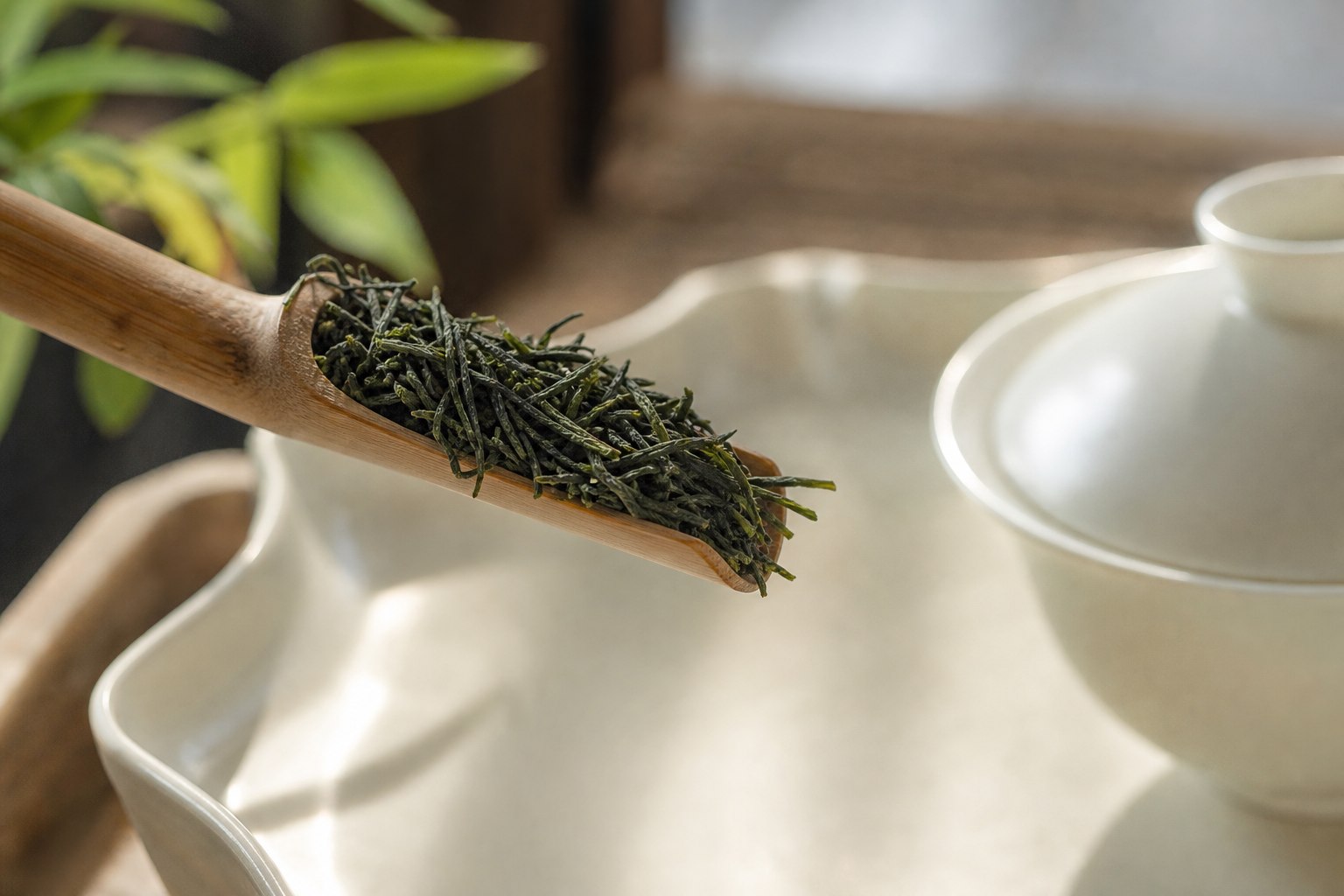 竹勺取用适量绿茶干茶