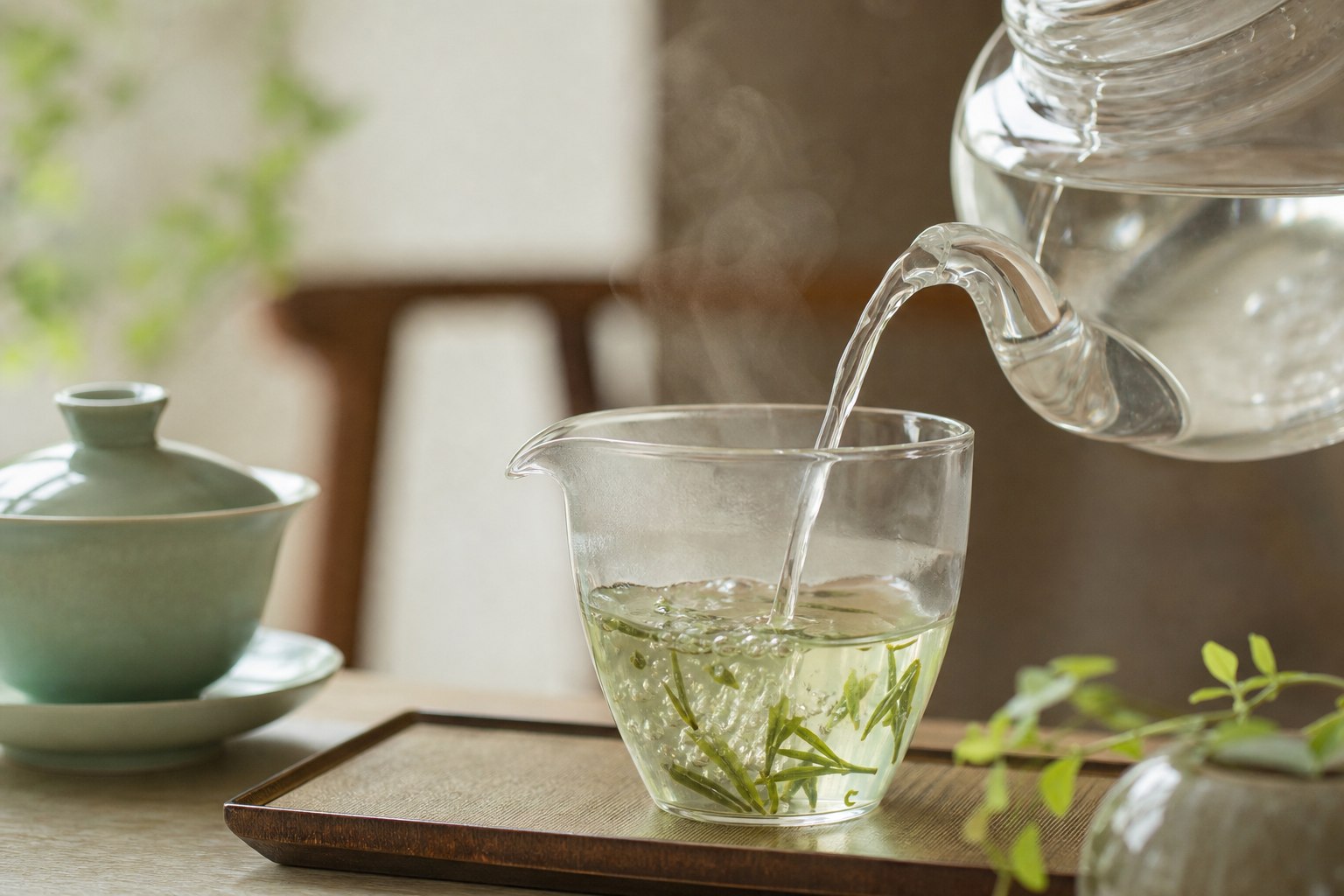 热水注入玻璃公道杯