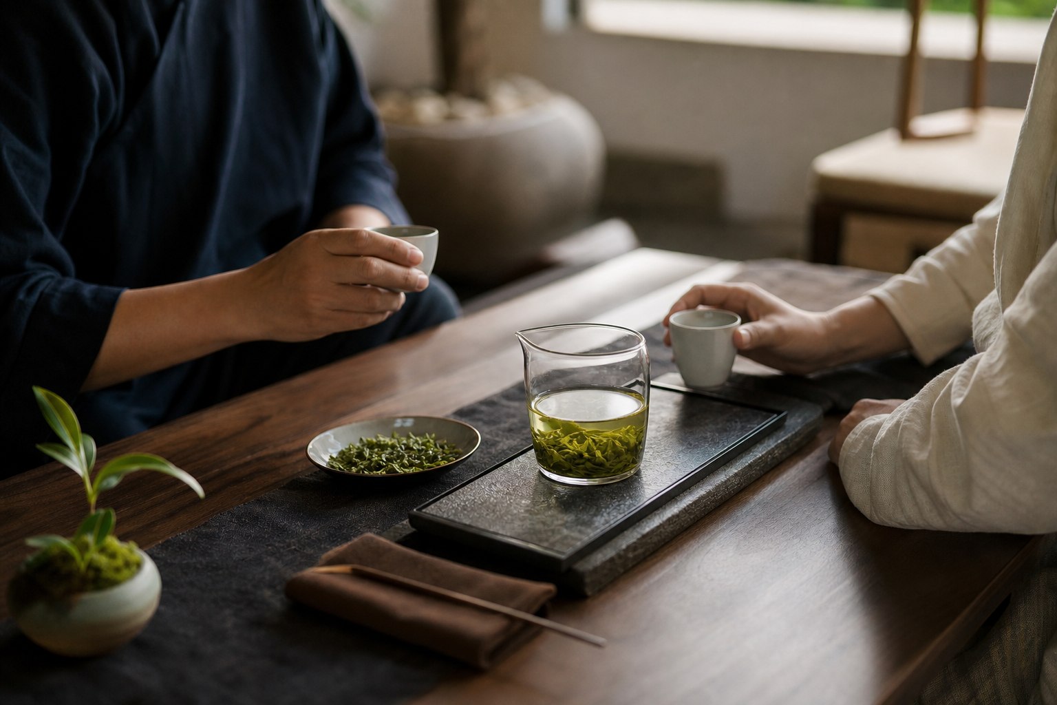 朋友围坐分享绿茶与茶点