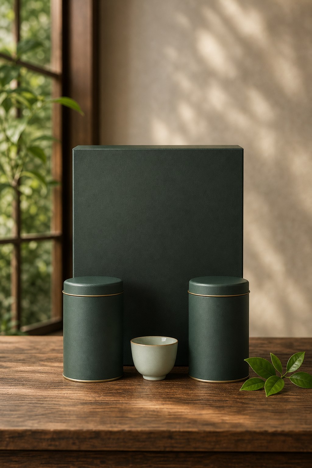 配有茶罐与茶杯的绿色茶礼盒