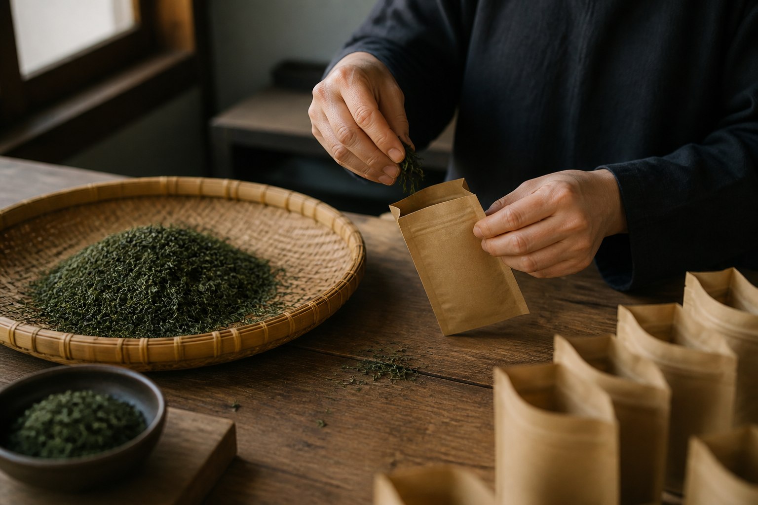 筛选后的干茶分装过程