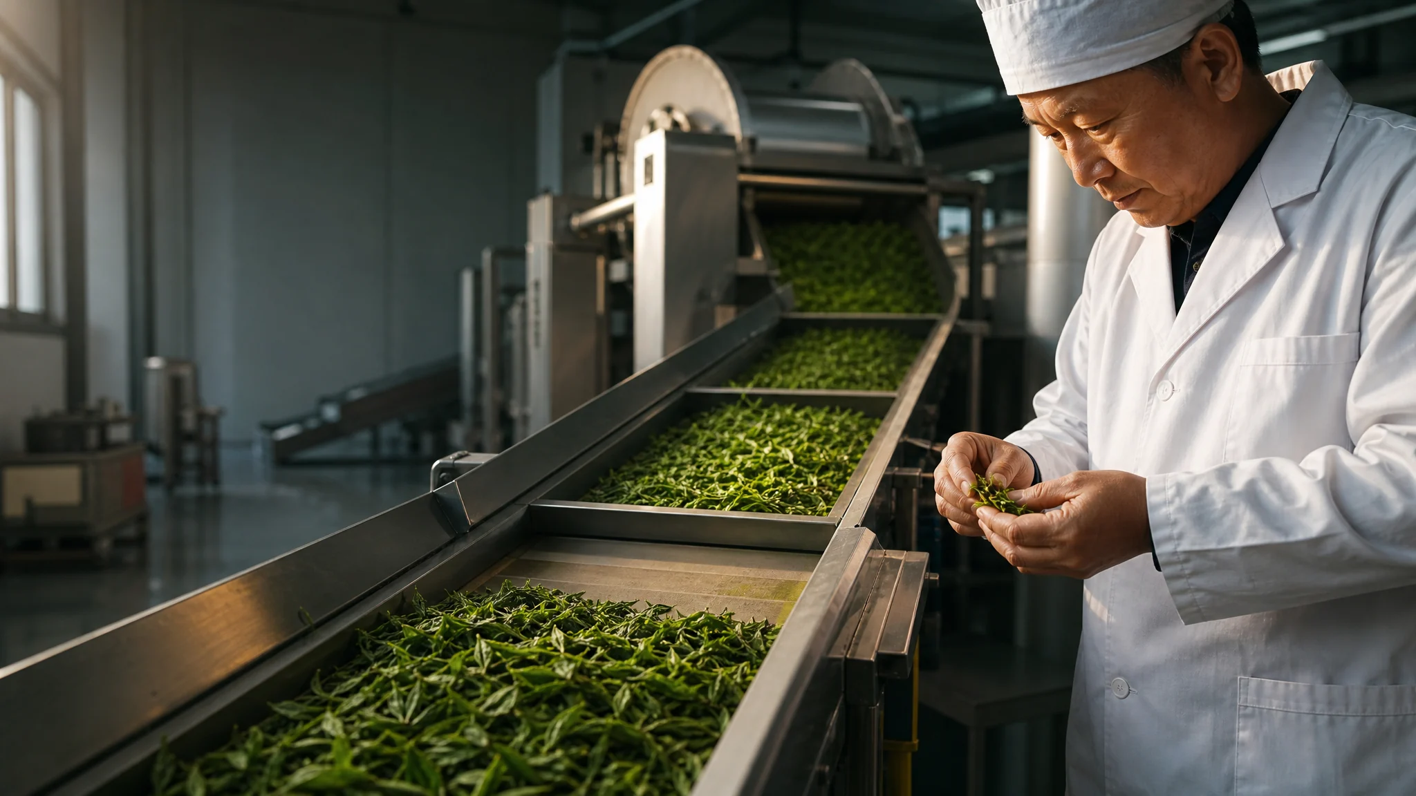 制茶师在现代化茶叶加工车间检视鲜叶