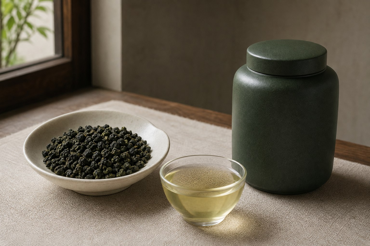 高山炒青干茶、茶汤及包装展示