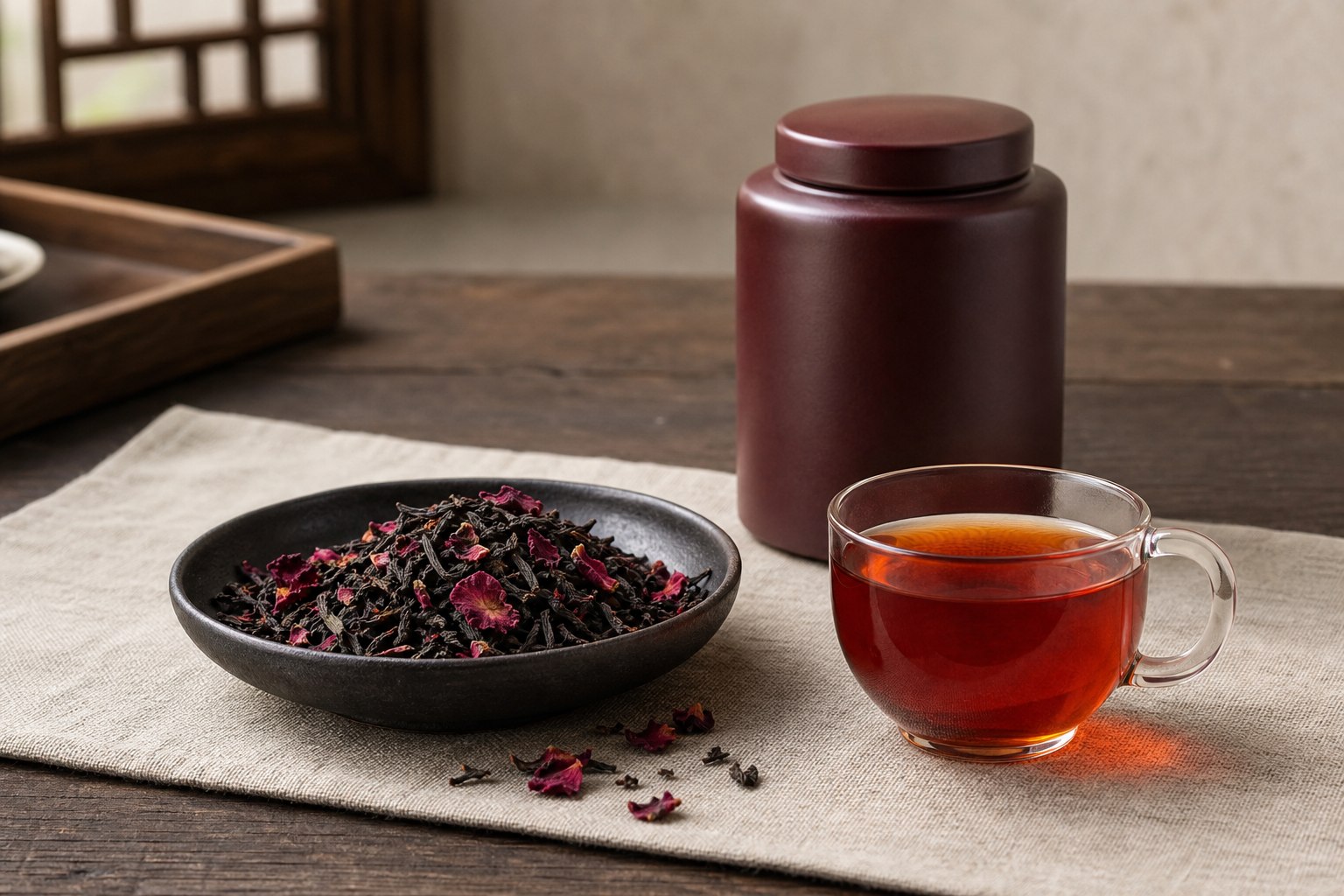 玫瑰红茶干茶、茶汤及包装展示