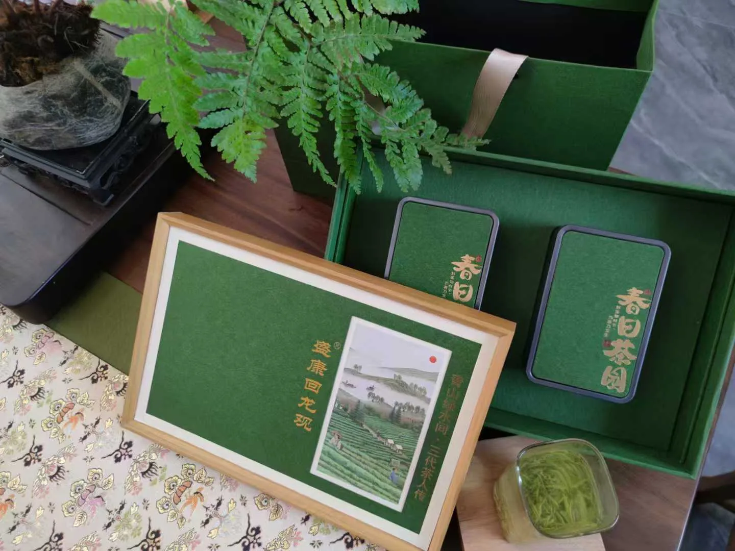 高山绿茶干茶、茶汤与礼盒实拍